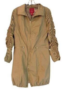 CM 1969 Ciao Milano Tan Khaki Ruched Sleeve Zip Front Raincoat Jacket M